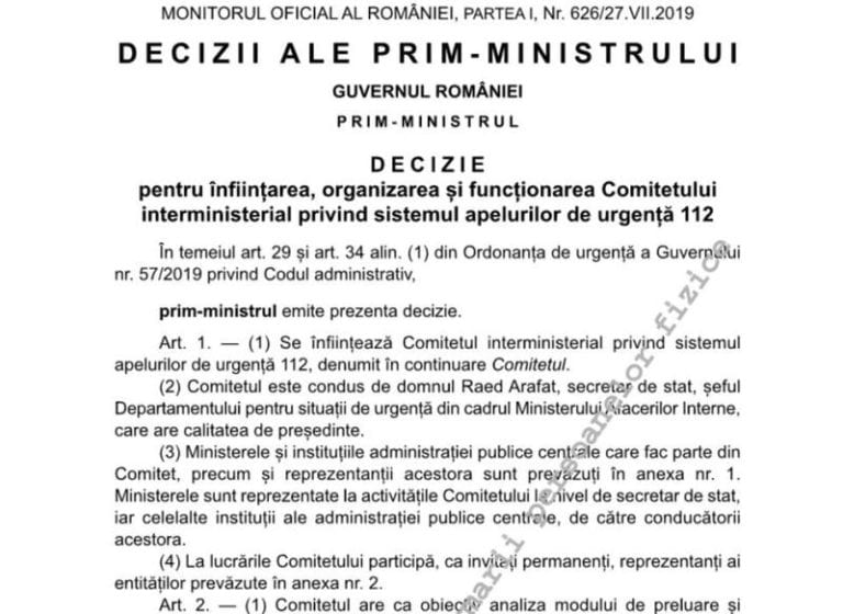 ​Cazul Caracal. Decizia premierului de înființare a Comitetului interministerial privind 112, condus de Raed Arafat, în Monitorul Oficial