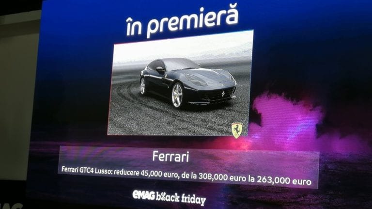 Previous Next eMAG estimează pe vânzări de peste 500 milioane de lei de Black Friday. Oferta include şi un Ferrari cu o reducere de 45.000 de euro