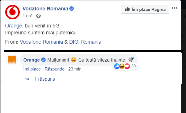 Vodafone, care a activat cu o jumătate de an în urmă primele antene 5G din România, ia peste picior liderul pieţei pentru lansarea de marţi: “Orange, bun venit în 5G!”