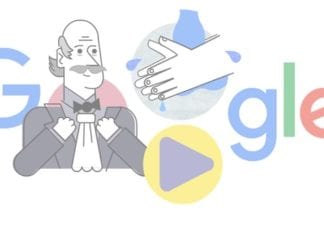 Doodle Google cu doctorul Ignaz Semmelweis, care a descoperit beneficiile spălatului mâinilor