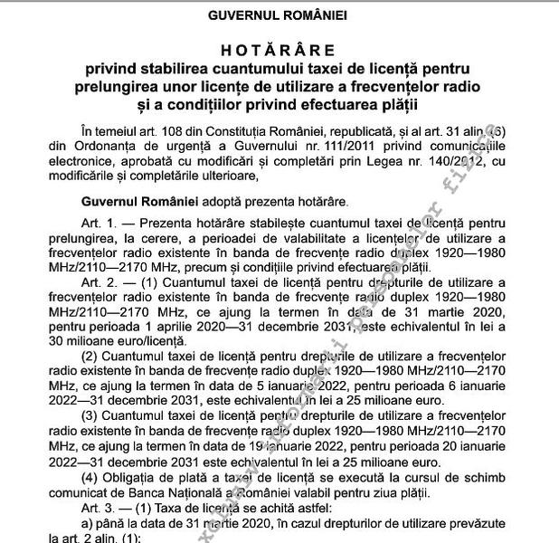 Hotărârea Guvernului de a prelungi licențele 3G ale Orange și Vodafone în schimbul achitării la buget a 60 milioane de euro s-a publicat în Monitorul Oficial