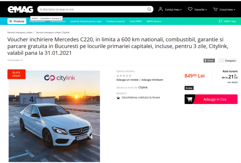 CityLink testează piaţa cu pachete de închiriere pe termen lung. Vouchere disponibile prin eMAG de Black Friday: 3 zile cu un Mercedes clasa C – 850 de lei, o lună cu o Toyota Corrola hibrid – 3.700 de lei, 7 zile cu o Toyota Yaris hibrid – 760 de lei, cu carburant inclus