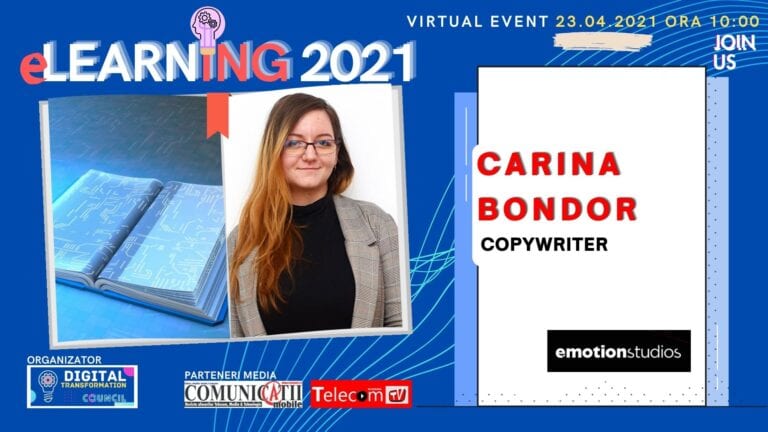 VIDEO Conferința eLEARNING 2021: Carina BONDOR, VEEP Virtual events – Compania românească Emotions Studios a construit o platformă dedicată învățământului online, dar și companiilor care vor să investească în pregătirea salariațiilor, prin învățarea continuă.
