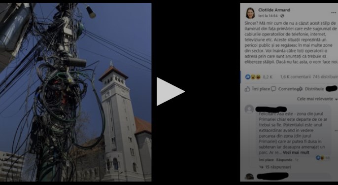 Primarul sectorului 1 Clotilde Armand a fotografiat singurul stâlp sufocat de cabluri din apropierea primăriei pentru a anunţa un război cu operatorii care nu dau jos “firele” din aer. Ce se află pe stâlp: cabluri UPC – Vodafone, Digital Telecom, Euroweb şi un echipament Cisco. Restul stâlpilor din zonă – “curaţi”