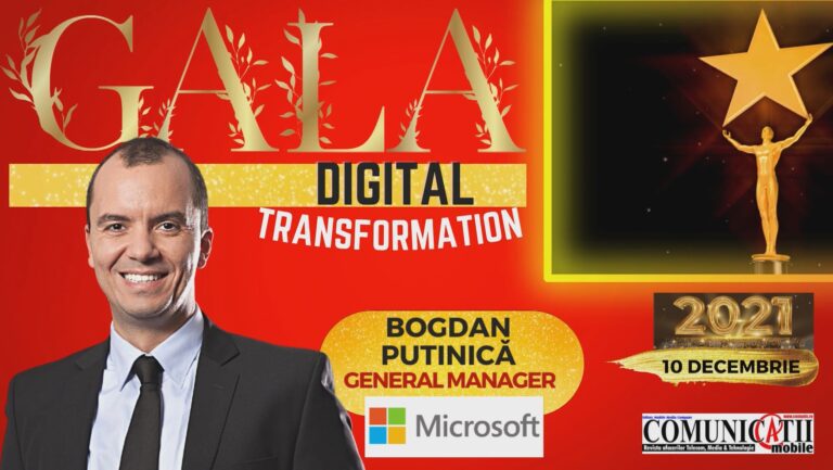 Bogdan PUTINICĂ, MICROSOFT @ DIGITAL TRANSFORMATION GALA 2021: Zona IT, împreună cu telecomunicațiile, poate ajunge în următorii ani la o pondere de 10% în economia națională, de la 7% în prezent. Sunt peste 200.000 de specialiști IT în România, care produc inovație IT. Ne așteptăm ca industria IT să genereze, direct și indirect, peste jumătate de milion de locuri de muncă