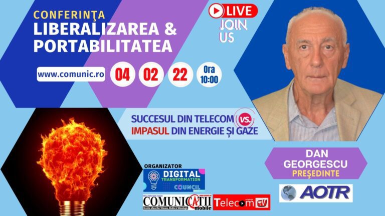 Dan GEORGESCU, AOTR @ Liberalizarea & Portabilitatea – Telecom vs. Energie și gaze: susţin ideea apariţiei unui grup de lucru, lansată de Digital Transformation Council, care să dezbată ce anume din domeniul telecom poate fi abordat de reglementarea din energie.