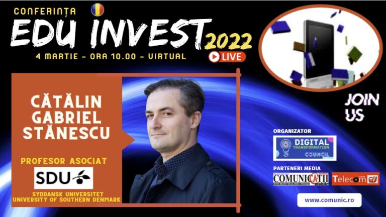 Cătălin Stănescu, University of Southern Denmark @ EDU INVEST 2022: În Danemarca, nu doar educația este foarte avansată, dar și procesul de digitalizare la nivelul întregii administrații. De ex., înregistrarea nașterii fetiței mele, anul trecut, s-a făcut de pe telefonul mobil în maternitate în mai puțin de 30 de minute. Ulterior, înregistrarea ei pentru cetățenia română la Ambasada României din Danemarca a durat 9 luni.
