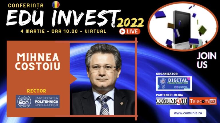 Mihnea Costoiu, UPB @EDU INVEST 2022: Strategia europeană de schimbare a universităților este extrem de ambițioasă și are foarte multe trimiteri către zona digitală. Ne dorim ca UPB să devină independentă academic și financiar, să nu depindă de crize economice, politice. Prin investiţia în Euronews, care va emite din luna mai, Politehnica își poate asigura sustenabilitatea în viitor