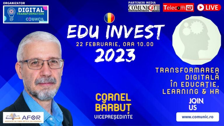 Cornel BĂRBUŢ, AFOR @ EDU Invest 2023: Pe piața comunicațiilor din România activează circa 50.000 de persoane, estimăm că 50% dintre specialiștii de fibră optică din România au plecat din țară. 40% dintre furnizorii de comunicații mobile au dispărut în 10 ani, de la 1200 la 708 în prezent. Fără fibră optică, digitalizarea nu-și are sensul.
