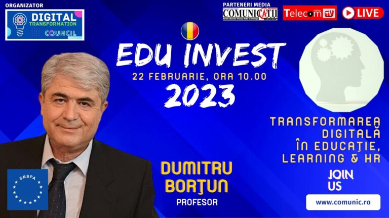 Dumitru BORŢUN, SNSPA @ EDU Invest 2023: Toate discuțiile care se referă la inteligența artificială, la revoluția digitală, la transformarea digitală trebuie să fie transparente. Omenirea se află în fața unei probleme de natură etică, dar și filozofică. Condiția umană și viitorul umanității depind de hotărârile pe care le luăm în prezent.