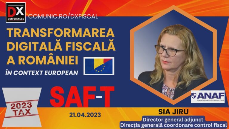 VIDEO Sia JIRU, ANAF @ Conferinţa Transformarea Digitală Fiscală: România a adoptat varianta 2.0 a SAF-T și este unul dintre puținele state din Europa care a implementat integral acest sistem. Pentru factura electronică, România va primi o derogare, posibil în luna mai, pentru toate produsele și serviciile, de la 1 ianuarie 2024