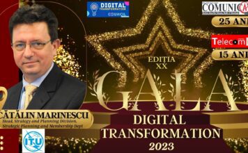 VIDEO Cătălin MARINESCU, ITU @ GALA DIGITAL TRANSFORMATION 2023: În aceste zile se pun bazele standardelor tehnice pentru 6G și se negociază benzile de frecvență care vor fi utilizate pentru 6G, cu dezbateri despre spațiu și despre conectarea tuturor prin sateliți