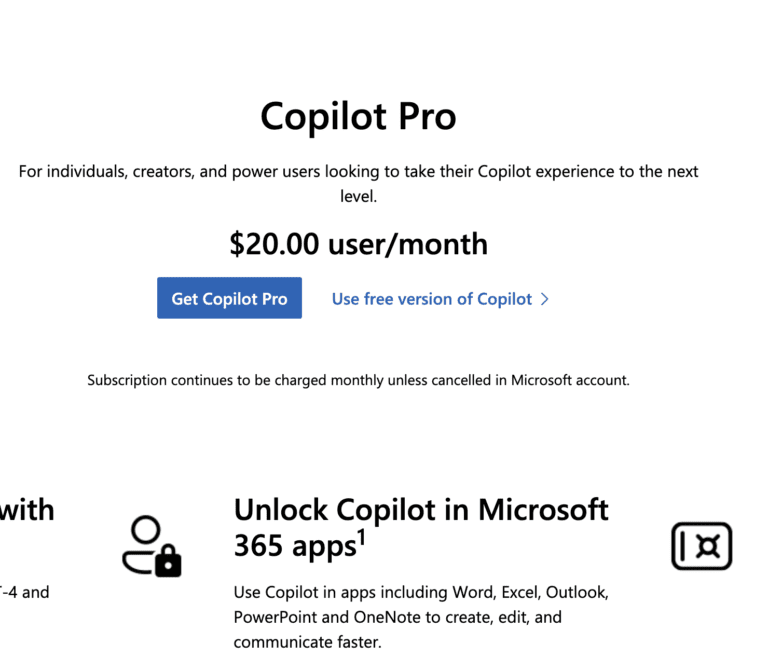 Microsoft a stabilit preţul pentru versiunea premium a asistentului Copilot AI pentru consumatori: 20 de dolari pe lună, de aproape trei ori mai mult faţă de abonamentul la Microsoft 365, care oferă acces la întreaga suită Office. Copilot Pro nu e încă disponibil în România