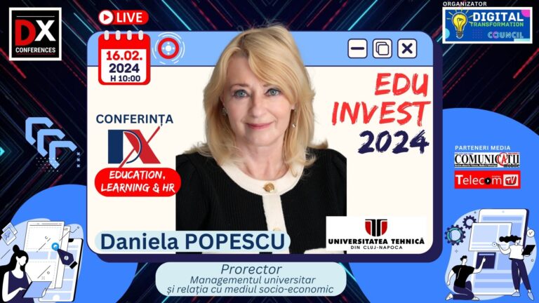 Daniela POPESCU, UTC @ EDU INVEST 2024: Inaugurăm Institutul de cercetări în inteligență artificială în luna mai 2024, cu 300 de locuri de muncă pentru tineri