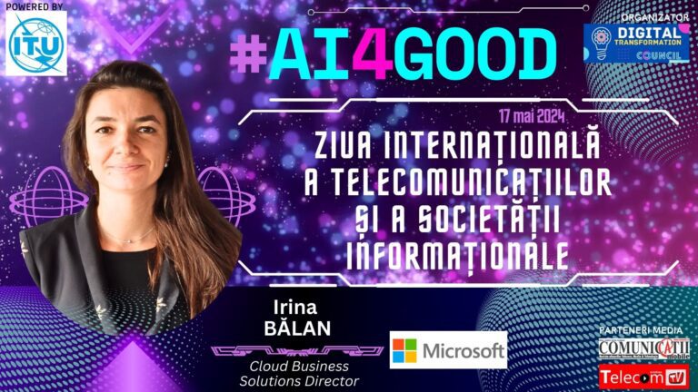 Irina BĂLAN, Microsoft @ Ziua Internațională a Telecomunicațiilor și a Societății Informaționale: De la ChatGPT încoace vorbim despre inteligența artificială în masă, chiar dacă ea există de peste 30 de ani. Internetul a fost adoptat de 100 de milioane de utilizatori în 17 ani, telefonul mobil în 7 ani, dar ChatGPT a ajuns la 100 de milioane de utilizatori în 3 luni