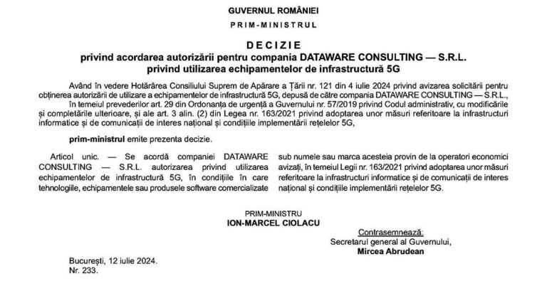 Compania Dataware Consulting, parte din grupul Bittnet, a obţinut autorizarea de a participa la construcţia de reţele 5G