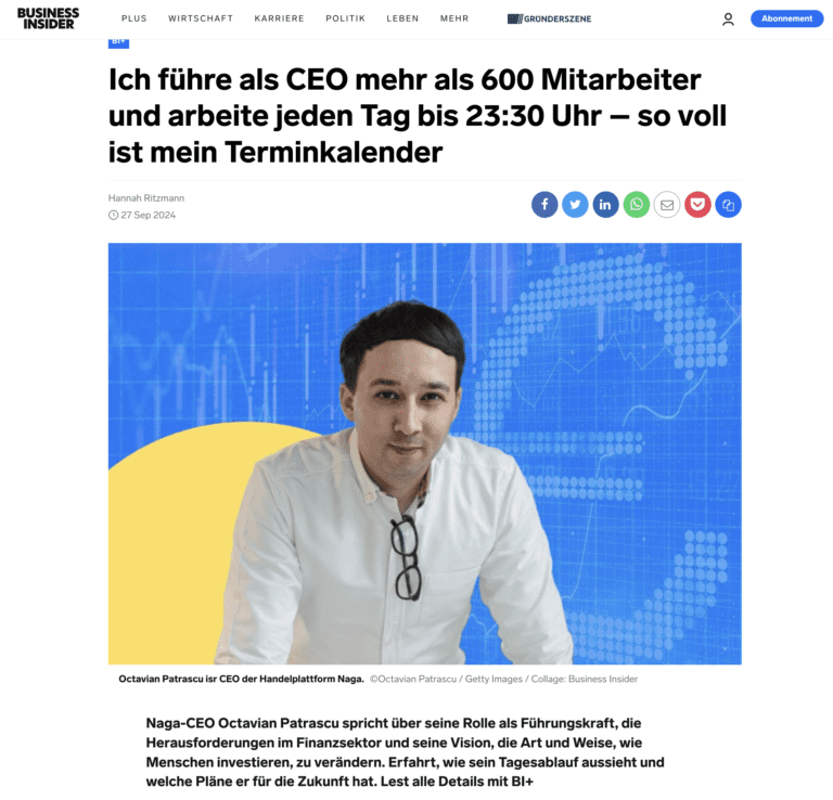 Ediţia germană a Business Insider scrie despre Octavian Pătraşcu, românul de 38 de ani care a devenit acţionar majoritar şi CEO al fintech-ului german Naga: „conduce 600 de oameni şi lucrează 16 ore pe zi”