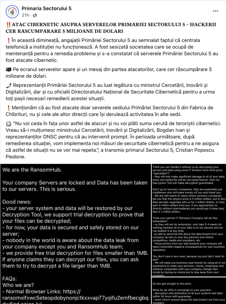 După incidentul din Timişoara, atac cibernetic reuşit şi împotriva Primăriei Sectorului 5 – hackerii cer răscumpărare 5 mil. $. Primarul: Nu plătim suma cerută de „teroriştii cibernetici”. Dan Cîmpean, DNSC: Acesta e mesajul corect: nu negociaţi niciodată cu grupările de cybercrime