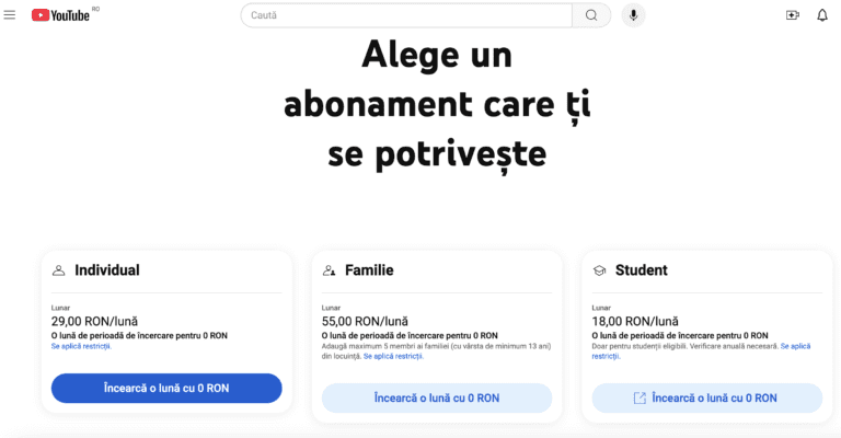 Google scumpeşte abonamentul pentru YouTube Premium la 29 lei/lună pentru subscripţia individuală şi la 55 lei/lună pentru cea de „familie”