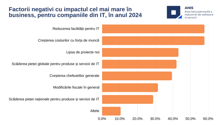 ANIS: Peste 80% din companiile IT au resimţit un impact negativ şi puternic negativ al eliminării parţiale a facilităţilor fiscale în 2023 şi anticipează un 2025 dificil. 45% estimează creşteri de venituri pentru 2025, iar 47% anticipează stagnare