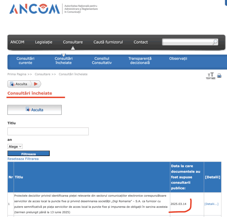 După două amânări, ANCOM merge înainte cu procedura prin care va obliga grupul Digi, cu peste 70% cotă de piaţă pe net fix şi TV, să le ofere acces rivalilor la infrastructură în 6.500 de localităţi